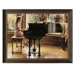 横幅横版弹钢琴女孩油画琴房装饰画玄关装饰挂画 女孩房装饰画