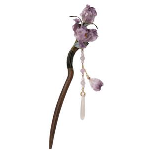 绒艺『鸢尾』非遗绒花发簪新中式古风发饰中国风步摇发钗檀木簪子