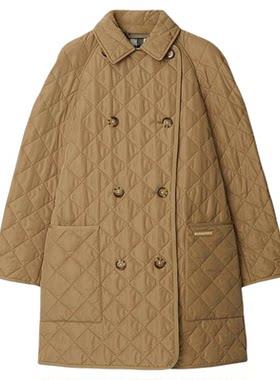 【自营】欧洲直邮BURBERRY博柏利女士棕色Logo标贴翻领双排扣棉服