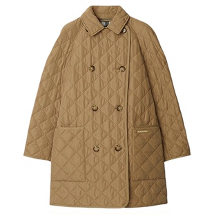 【自营】欧洲直邮BURBERRY博柏利女士棕色Logo标贴翻领双排扣棉服