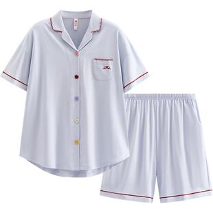 芬腾纯棉睡衣女款短袖短裤夏季薄款开衫休闲宽松大码家居服套装