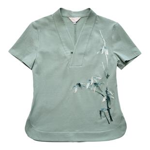 夏季中式复古风棉质绣花简约百搭通勤修身宽松女士V领上衣短袖T恤