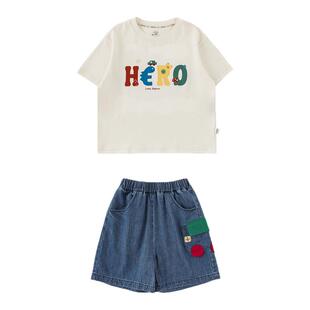 幼悠 男童2026夏季清凉套装儿童印花玩偶短袖T恤宽松牛仔五分裤潮