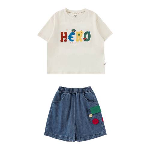 幼悠 男童2026夏季清凉套装儿童印花玩偶短袖T恤宽松牛仔五分裤潮
