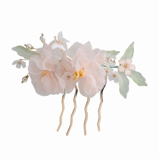 唐明风汉服头饰 绢纱烫花发梳花朵超仙 森系气质发钗插梳国潮古风