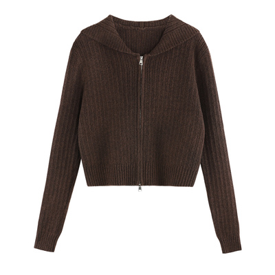 双拉链连帽针织开衫上衣