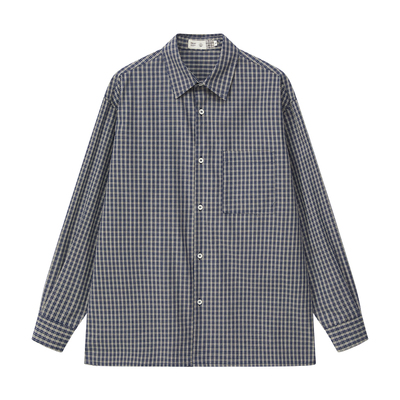 雾撞山野蓝色格子衬衫男2026新款春季日系复古学院风文艺通勤衬衣