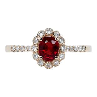 18K玫瑰金天然鸽血红宝石珠边戒指 镶钻石复古经典叠带指环女款