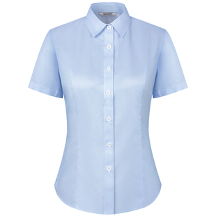 【免烫】乔治白春夏女士纯棉蓝白条纹短袖衬衫商务职业修身上衣