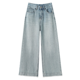 夏季八分直筒牛仔裤女高腰小个子九分超火阔腿裤蕾丝花边裤子薄款