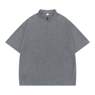 GLM纯色简约半拉链短袖T恤男2026夏季新款宽松立领休闲潮流上衣