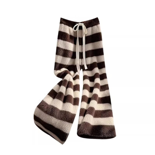 慵懒松弛感咖色条纹毛绒裤子2025冬季新款今年流行爆款休闲长裤女