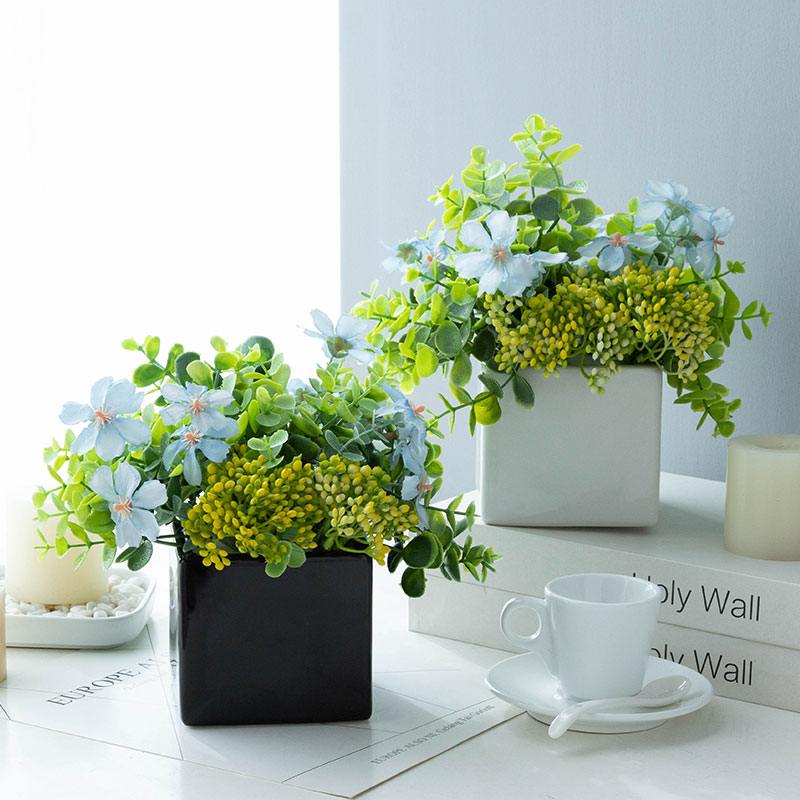 北欧风格方形陶瓷盆仿真花假花绿植摆件室内餐桌茶几盆栽装饰盆景
