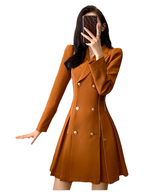 法式高腰双排扣西装百褶连衣裙女