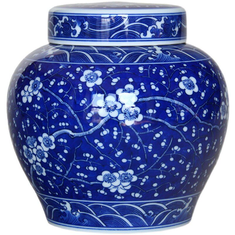 手绘青花蓝地冰梅花纹高端双盖中式茶叶罐天字罐陶瓷密封罐储物罐