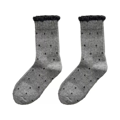 【5双装】秋冬季纯棉加厚长袜~花边复古波点保暖羊毛堆堆袜中筒袜