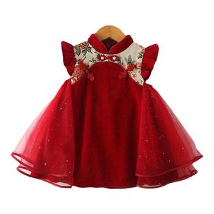 女童新年衣服红色过年秋冬装连衣裙小女孩洋气公主裙儿童旗袍裙子