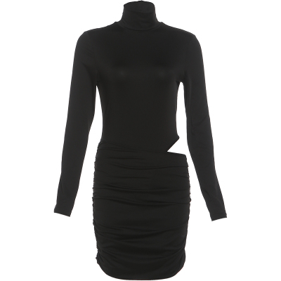 不规则镂空立领包臀长袖连衣裙女