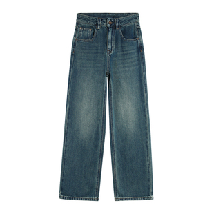 ousph【现货5折】复古蓝色牛仔裤女直筒休闲宽松收腰设计感长裤