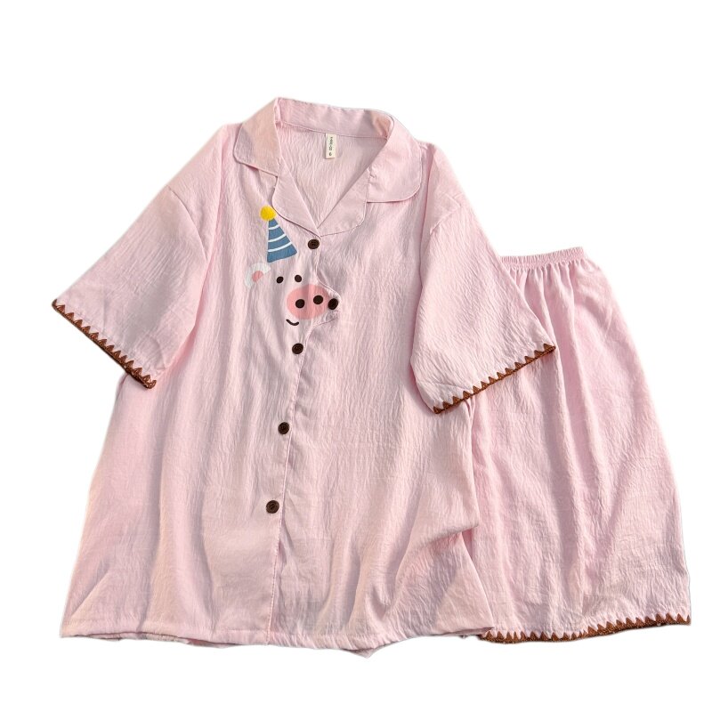 甜美韩版闺蜜睡衣女夏季云朵棉卡通小猪加大宽松家居服套装可外穿