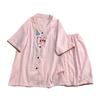 甜美韩版闺蜜睡衣女夏季云朵棉卡通小猪加大宽松家居服套装可外穿