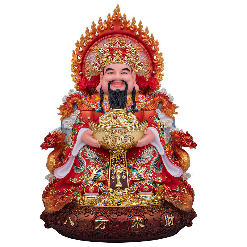 汉白玉红衣双龙聚宝盆财神摆件