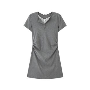 三福纯欲连衣裙2026新款夏季气质小V领蕾丝边收腰显瘦短裙子女装