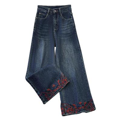 复古个性刺绣小个子阔腿牛仔裤女