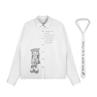 SagiDolls少女斗志 俏皮甜酷灰白条纹原创漫画印花衬衫小众送领带