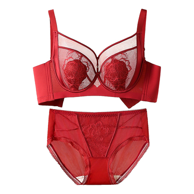 红色蕾丝有钢托大胸显小文胸套装