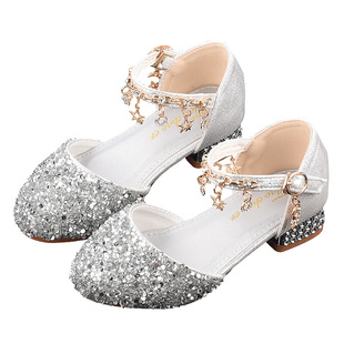 公主鞋女童2024新款舞台模特走秀演出皮鞋配礼服水晶儿童高跟鞋闪