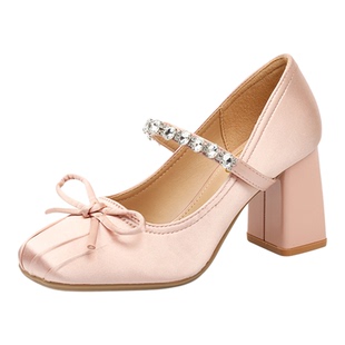 法式水钻一字带高跟鞋女粗跟森系洛丽塔蝴蝶结方头玛丽珍绸缎单鞋