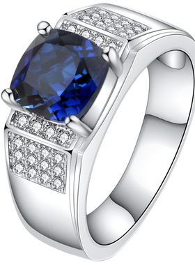 原创小众设计冷淡风高级合成蓝宝石纯银镀金戒指男ins潮个性银饰