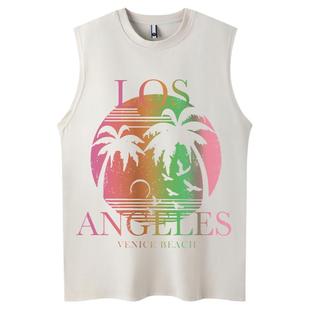From Mars 海边椰树 美式复古渐变印花无袖背心宽松沙滩情侣男女