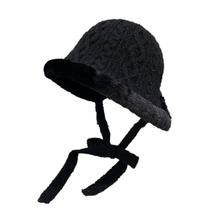 女士复古日系麻花针织绑带渔夫帽秋冬骑车保暖防风护耳大头围盆帽