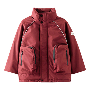 男童冬季新年红色冲锋衣工装羽绒服2026新款儿童过年加厚防寒外套