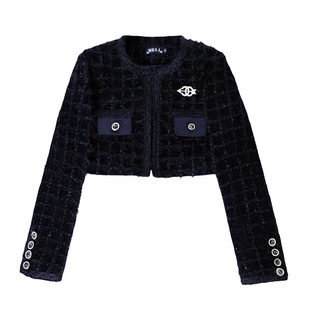 高腰短款圆领羊毛小香风外套2025秋冬时尚高级感黑色修身女装上衣