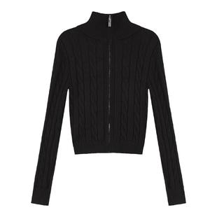 pusumede 灰色高领麻花拉链毛衣女秋冬修身显瘦短款针织开衫上衣