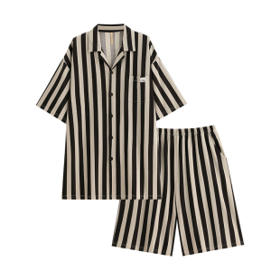 睡衣男士夏季莫代尔短袖短裤家居服夏款夏天薄款冰丝条纹大码套装