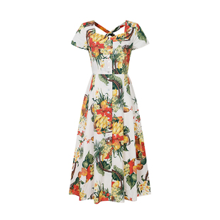 【断码清仓】Ching's 方领印花棉布高腰法式连衣裙赫本风大摆裙子