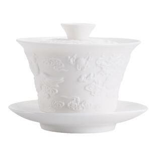 龙凤羊脂玉瓷三才盖碗泡茶子杯茶碗带盖单个大号功夫茶具套装家用