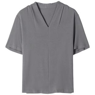 时尚妈妈V领重磅加捻真丝上衣夏季显瘦纯色百搭短袖女装桑蚕丝T恤