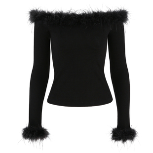 韩语琳长袖针织衫女2026新款春春款设计感短款修身黑色一字肩上衣