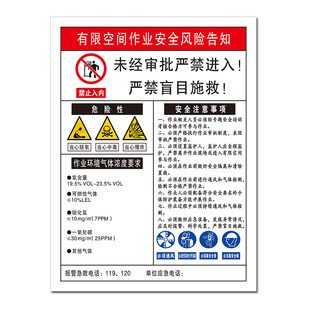 有限空间作业风险告知牌当心窒息中毒爆炸警示提示安全牌铝新国标
