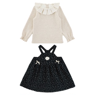 幼悠女童2025冬季新款加绒加厚翻领打底衫复古甜美碎花背带裙套装