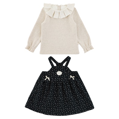 幼悠女童2025冬季新款加绒加厚翻领打底衫复古甜美碎花背带裙套装