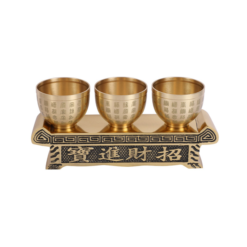 黄铜财神招财进宝供杯套装摆件