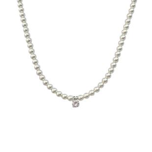 珠光宝气 S925纯银韩版人造珍珠项链女简约基础款闪锆韩系锁骨链