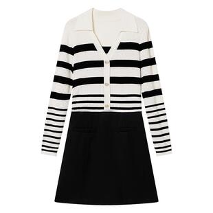 Goodland美地春季法式优雅Bridget Riley条纹假两件连衣裙