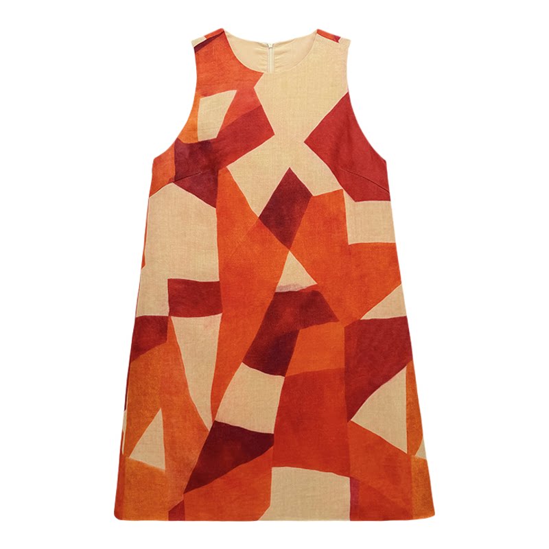 撞色几何印花无袖连衣裙